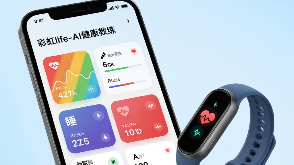 主体:智能手机屏幕显示彩虹life-AI健康教练应用界面,界面展示健康数据图表,旁边放置一个智能手环。布局:手机位于画面中央偏左,手环放在手机右下角,背景为浅蓝色渐变。排版:手机屏幕内显示“彩虹life-AI健康教练”文字和健康数据卡片。风格:现代科技感、简洁明亮。细节:手环屏幕亮起,显示心率图标,手机界面有步数、睡眠、心率等数据模块。画质:高清渲染,干净无多余元素。