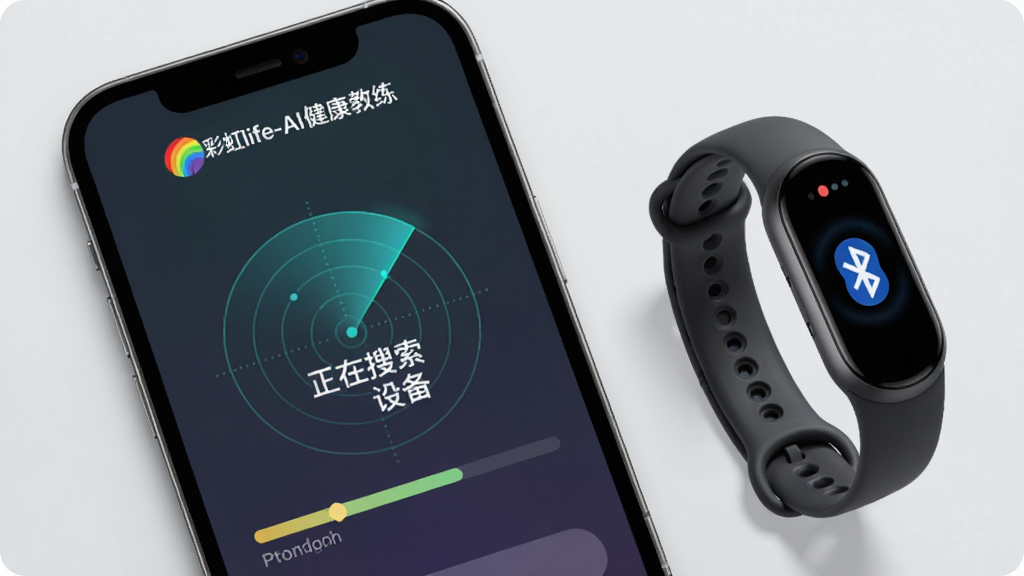 主体:彩虹life-AI健康教练App的配对界面,手机屏幕上显示“正在搜索设备”动画,手环在手机旁边。布局:手机占据画面左侧,手环位于右侧,背景为浅灰色。排版:手机界面有“彩虹life-AI健康教练”标识和配对进度条。风格:科技感、简洁。细节:手环屏幕显示蓝牙图标,手机界面有雷达扫描动画。画质:高清,干净无多余元素。