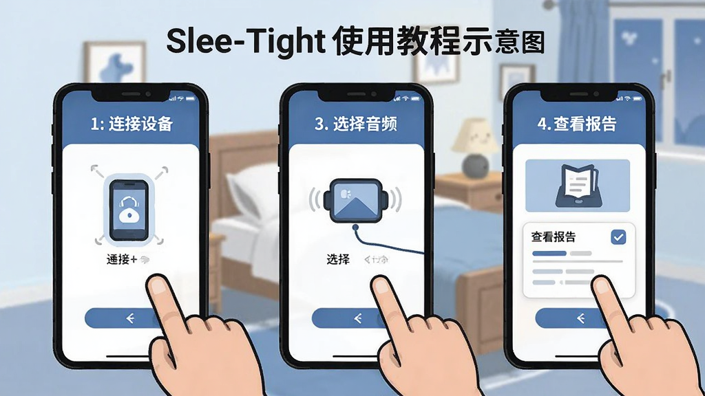 Sleep-Tight使用教程示意图,画面展示手机屏幕上的操作步骤,包括连接设备、选择音频、查看报告,背景为卧室环境,人物手指点击屏幕,布局为步骤式,风格卡通简洁,画质清晰,干净无多余元素