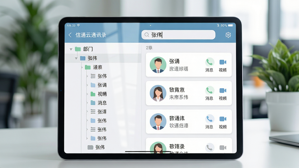 ���壺һ��ƽ�����չʾ��ͨ��ͨѶ¼���棬��ʾ�����������б����������������롰��ΰ�����·�����ƥ����ϵ�˿�Ƭ������ͷ���ְλ�����֣���������Ϊƽ�壬������ģ���İ칫�һ���������ֲ��׺���Ű棺ͨѶ¼�б�������ͷ��Բ�Σ�������Ϣ�׶������дʵ���ƽ��ϣ�ɫ�����µ��š�ϸ�ڣ���ϵ�˿�Ƭ�е绰����Ϣ����Ƶ����Сͼ�꣬��Ļ������͹��ߡ����ʣ�����ϸ�壬�ɾ����޶���Ԫ�ء�