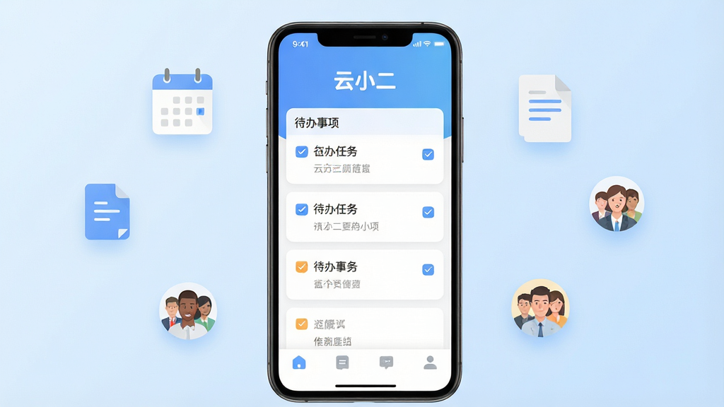 ���壺һ�������ֻ���Ļչʾ��С��App�����棬��Ļ��������ʾ����С�������������������б������֣��ֻ����У�����Ϊ�ɾ���ǳ��ɫ���䣬��Χ�м�Լ�İ칫ͼ�����������ĵ����Ŷ�ͷ���������Ű棺�ֻ���Ļ����Ϊ�����������ס�����ִ���ƽ����ɫ��������͡�ϸ�ڣ���Ļ������Ƭ���й�ѡ�򣬵ײ�������ͼ�����������ʣ�������Ⱦ���ɾ����޶���Ԫ�ء�