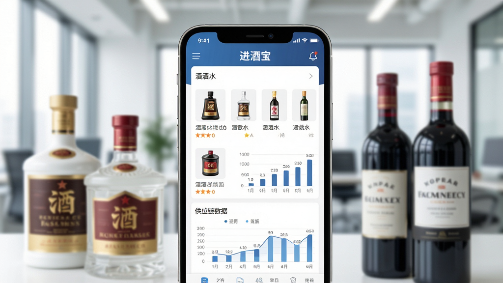 一张智能手机屏幕的特写,屏幕上清晰显示“进酒宝”APP的界面,界面风格简洁商务,展示着各类酒水商品列表和供应链数据图表,手机周围摆放着几瓶高档白酒和红酒作为装饰,背景是虚化的现代办公室环境,整体画面明亮清晰,突显专业与高效,画质干净无多余元素。