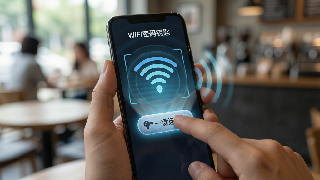 չʾһֻ�������ֻ�����ָ�������Ļ��WiFi����Կ��Ӧ���ڵġ�һ�����ӡ���ť���ֻ���Ļ������Χ�����ź�ɨ�趯��������Ϊģ���Ŀ�����������ͻ���������ӵĳ�������ͼ���ֻ�Ϊ���ģ��Ű��࣬���дʵ��ϸ����ǿ����ť�Ĵ��к���Ļ��Ч�������������ɾ��޶���Ԫ�أ���Ļ������ʾ��WiFi����Կ�ס���