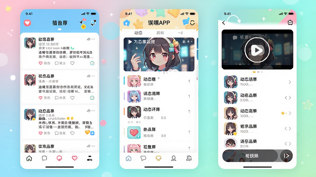 诶嘿APP主界面展示,二次元风格设计,色彩明亮活泼,界面布局清晰,包含帖子流、动态列表和短视频入口,整体风格清新可爱,画质干净,无多余元素