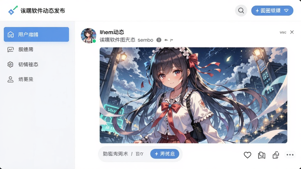 诶嘿软件动态发布界面,用户正在编辑图文动态,配图包含二次元插画,界面简洁,功能按钮清晰,画质干净,无多余元素