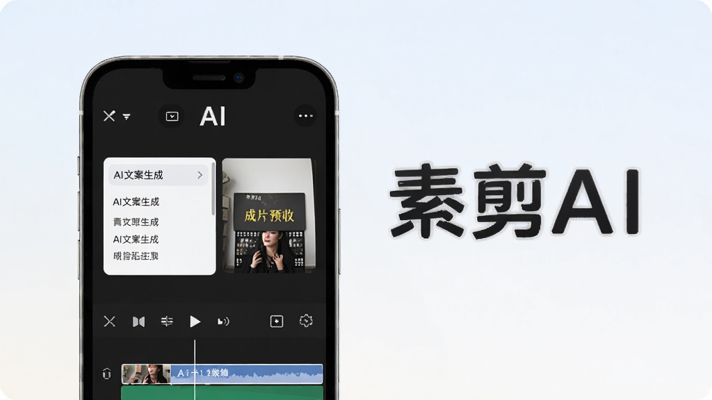 一张展示素剪AI核心功能的宣传海报,画面主体为手机界面,屏幕中显示视频剪辑时间线、AI文案生成框和成片预览窗口,背景为浅色渐变,整体风格现代简约,突出