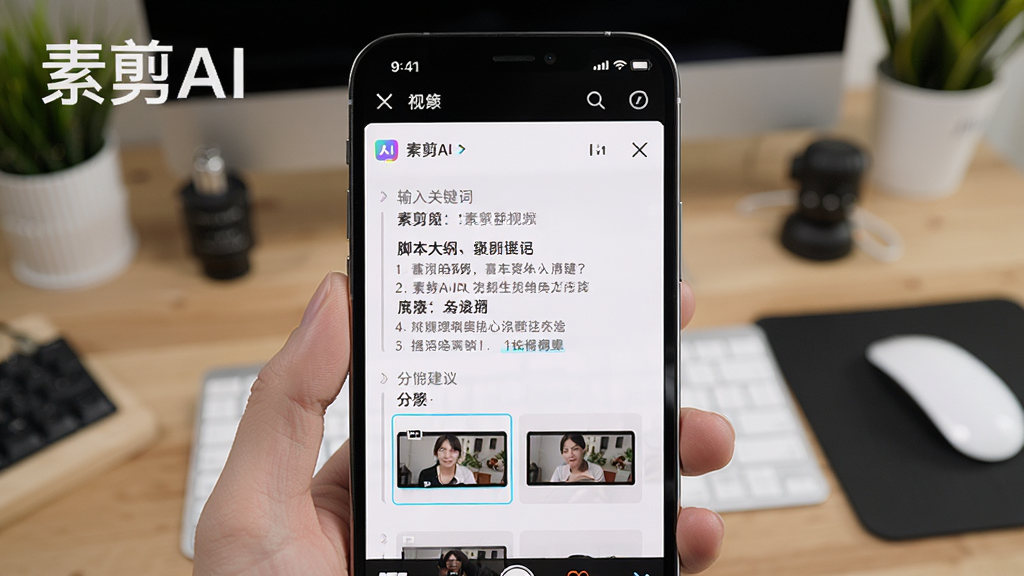 素剪AI视频生成功能界面截图,手机屏幕上显示输入关键词后自动生成的脚本大纲和分镜建议,背景为工作台场景,布局清爽,风格写实,突出