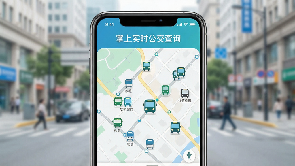画面中央是一部智能手机,屏幕显示掌上实时公交查询App主界面,界面风格简洁现代,顶部显示“掌上实时公交查询”字样,下方地图上分布公交站点与车辆图标,背景为模糊的城市街景,整体色调清新明亮,干净无多余元素,画质高清