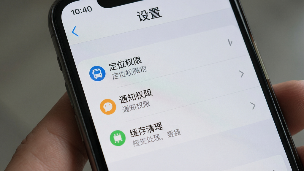 手机屏幕上显示掌上实时公交查询App的“设置”页面,包含定位权限、通知权限、缓存清理等选项,背景为浅灰色,界面简洁,排版整齐,风格干净,画质高清,无多余元素