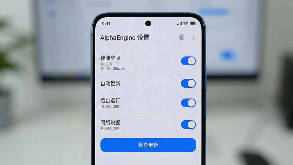 主体:一部智能手机展示AlphaEngine的“设置”界面,突出“自动更新”、“后台运行”等选项。布局:手机居中,屏幕内容清晰,背景虚化。排版:简洁的列表布局,开关按钮明显。风格:清爽的浅灰色背景,蓝色强调色。细节:屏幕中显示“存储空间”和“网络设置”等选项,并有一个“检查更新”按钮。画质:高清,干净,无多余元素。