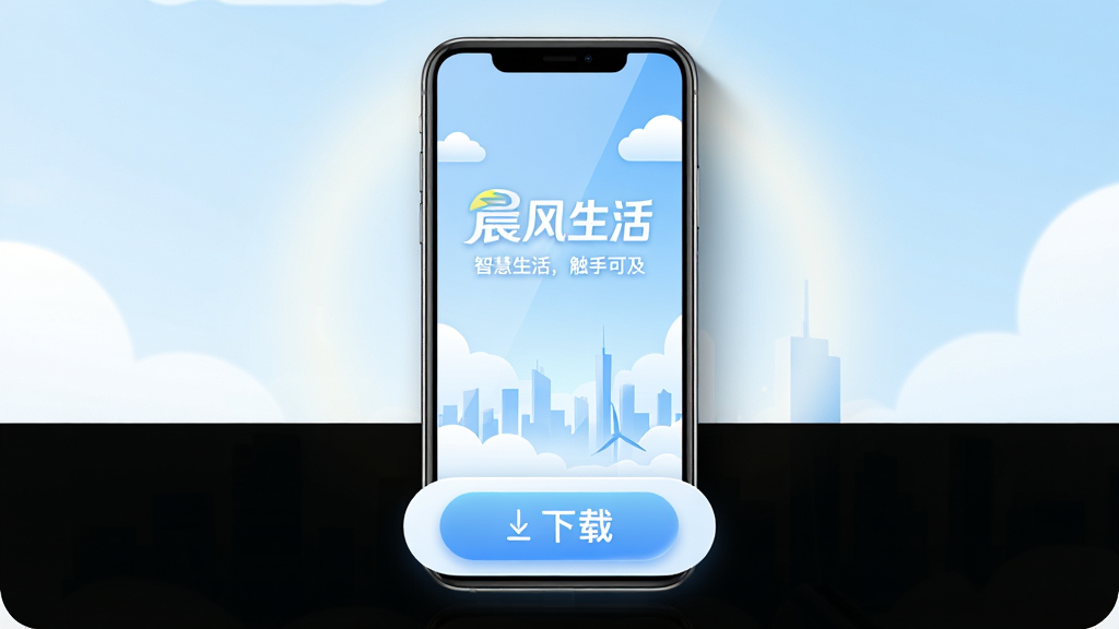 主体:晨风生活App的启动界面,手机屏幕内显示“晨风生活”品牌Logo和“智慧生活,触手可及”标语,背景是淡蓝色渐变与白色云朵、城市剪影;布局:手机居中,屏幕内容清晰可见,四周留白,下方有下载按钮的立体展示;排版:简洁大气,品牌名和标语醒目,按钮圆润;风格:现代科技感,明亮通透,符合生活服务类App的调性;细节:手机屏幕反光自然,边缘有细微阴影,背景光晕柔和,整体干净无杂物;画质:高清渲染,干净,无多余元素;文字:“晨风生活”和“智慧生活 触手可及”