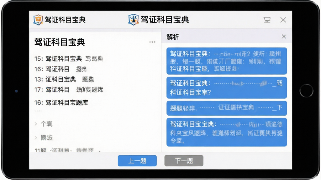 主体:驾证科目宝典题库界面截图展示,左侧为题目区,右侧为解析区。布局:平板电脑横屏展示,界面分为左右两栏。排版:题目文字清晰,解析用蓝色底框突出。风格:简洁商务风。细节:顶部有“驾证科目宝典”Logo,底部有“上一题”“下一题”按钮。画质:高分辨率,色彩柔和,干净无多余元素。