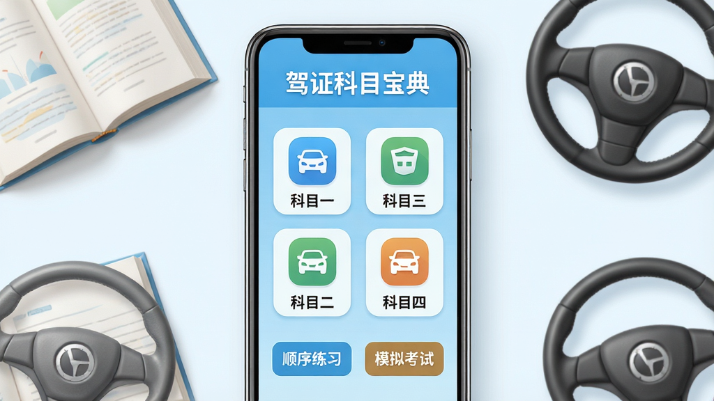 主体:一部智能手机屏幕显示驾证科目宝典主界面,界面包含科目一至科目四的图标按钮,背景为浅蓝色渐变。布局:手机居中,屏幕内容清晰可见,周围有书本、方向盘等驾考元素点缀。排版:界面图标排列整齐,文字标签醒目。风格:写实与扁平结合,明亮清新。细节:屏幕中显示“驾证科目宝典”字样和“顺序练习”“模拟考试”按钮。画质:4K高清,干净背景,无多余元素。
