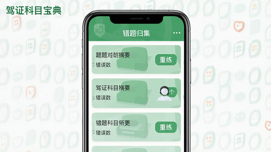 主体:驾证科目宝典错题本界面,列表显示错题题目与错误次数。布局:手机竖屏,界面顶部有“错题归集”标题,下方为错题列表。排版:每行错题包含题目摘要、错误次数和“重练”按钮。风格:扁平化设计,绿色为主色调。细节:界面左上角显示“驾证科目宝典”字样。画质:高清,界面干净,无多余元素。