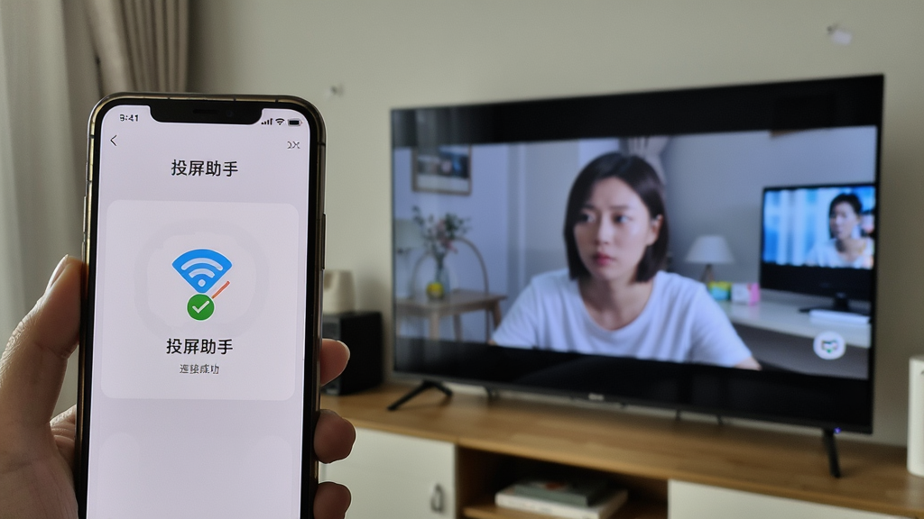 一张手机投屏到智能电视的实拍风格图片,主体是手机屏幕中显示“投屏助手”界面,电视中同步播放视频,布局为水平构图,排版自然,风格真实且生活化,细节包括WiFi图标和连接成功提示,画质高清,干净,无多余元素