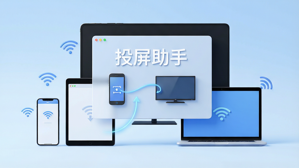一张现代简约风格的3D渲染图,主体是投屏助手软件界面悬浮在手机、平板、智能电视和笔记本电脑上方,界面中显示“投屏助手”四个大字和手机投屏到电视的示意图,背景为浅蓝色渐变,布局居中,排版清晰,风格科技感且干净明亮,细节包括WiFi图标和流畅的投屏连接线,画质高清,干净,无多余元素