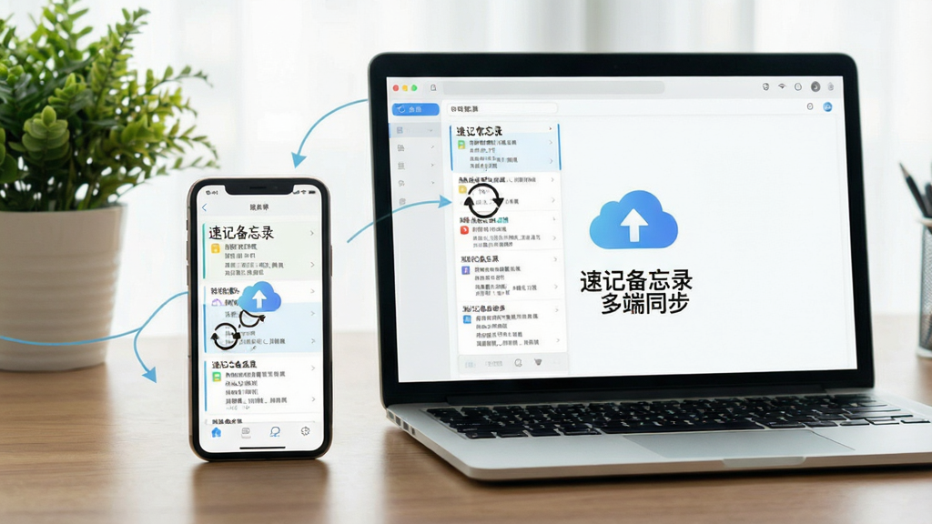 一张展示速记备忘录APP在手机和电脑上同步使用的场景图,主体为一部手机和一台笔记本电脑并排放在桌面上,屏幕中均显示相同的笔记列表,布局为平视角构图,风格为现代办公风格,背景为木质桌面和绿色植物,细节突出同步图标和云朵符号,画质清晰自然,干净无多余元素,文字标注“速记备忘录 多端同步”