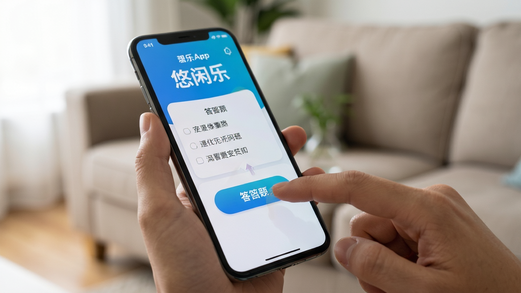 主体:手机操作悠闲乐App,手指点击答题按钮,背景为客厅沙发。布局:手机特写,手指动作清晰,背景虚化。排版:突出App界面,操作感强。风格:生活化,真实场景,色彩自然。细节:画质干净,无多余元素。