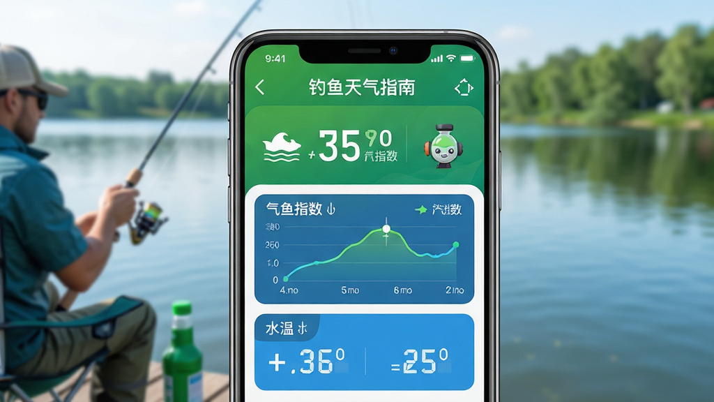 主体:手机屏幕展示钓鱼天气指南APP界面,界面上显示钓鱼指数、气压曲线、水温数据等核心信息,背景是湖边钓鱼场景。布局:手机居中,界面元素清晰可辨,背景虚化突出主体。排版:界面信息层级分明,数字与图标结合。风格:写实风格,色彩鲜明,绿色与蓝色为主色调。细节:界面中显示“钓鱼天气指南”字样,数字清晰,图标精致。画质:高清渲染,干净无多余元素。