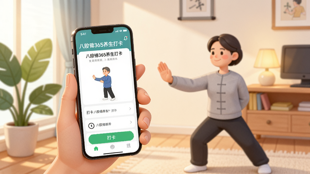一幅展现现代人在家中或办公室练习八段锦的温馨场景,主角使用手机上的