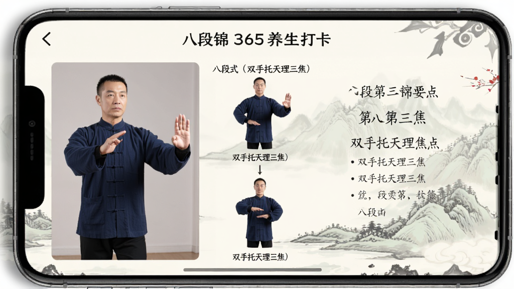 八段锦365养生打卡应用界面特写,屏幕上展示八段锦第一式