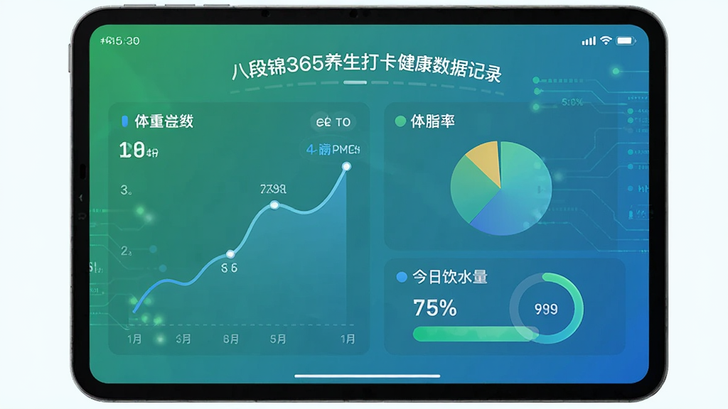 八段锦365养生打卡健康数据记录页面,屏幕上显示体重曲线图、体脂率饼图以及今日饮水量的进度环,色彩搭配以绿色和蓝色为主,界面干净,图表清晰,风格简约科技感,画质高清,无多余元素