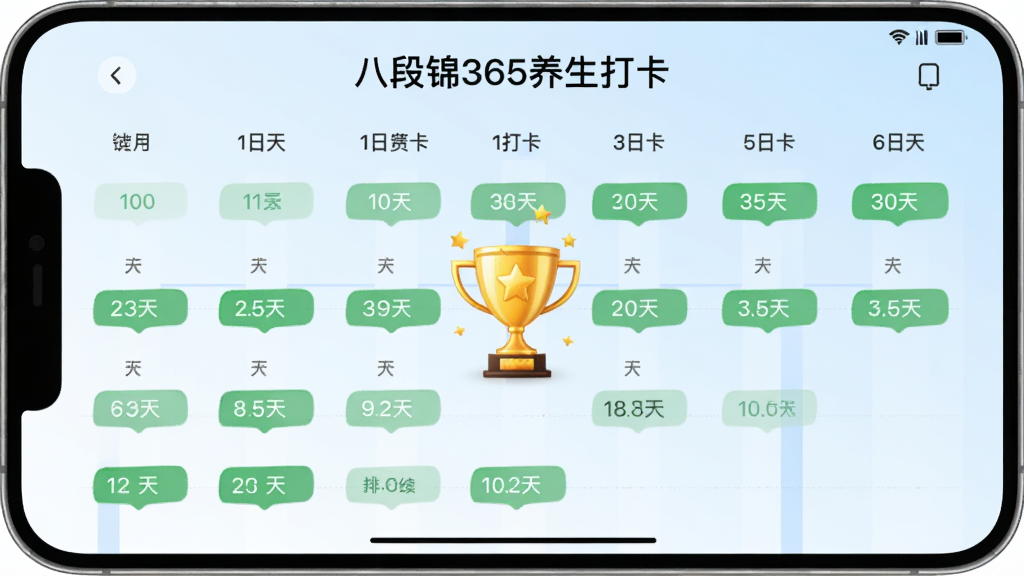 八段锦365养生打卡应用打卡日历界面,显示连续打卡30天的绿色标记,中间有一个金色的奖杯图标,背景是淡蓝色渐变,图表简洁,数字清晰,风格现代清新,画质细腻,干净无多余元素