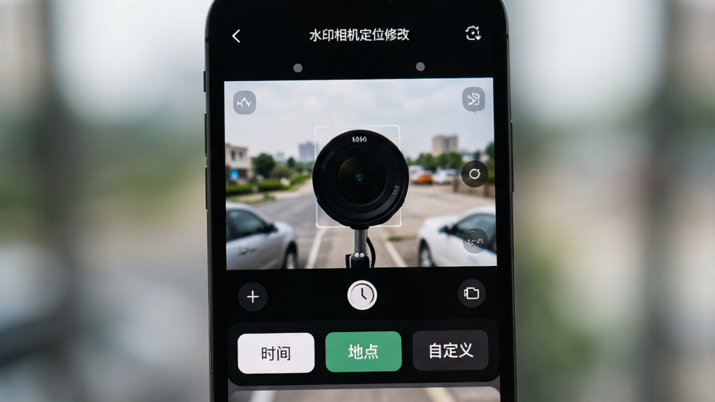 一张智能手机屏幕特写,屏幕上清晰显示“水印相机定位修改”APP的操作界面,界面布局简洁,上方是取景框,下方有醒目的“时间”、“地点”、“自定义”水印编辑按钮,背景虚化,突出手机屏幕内容,画质高清,干净无多余元素