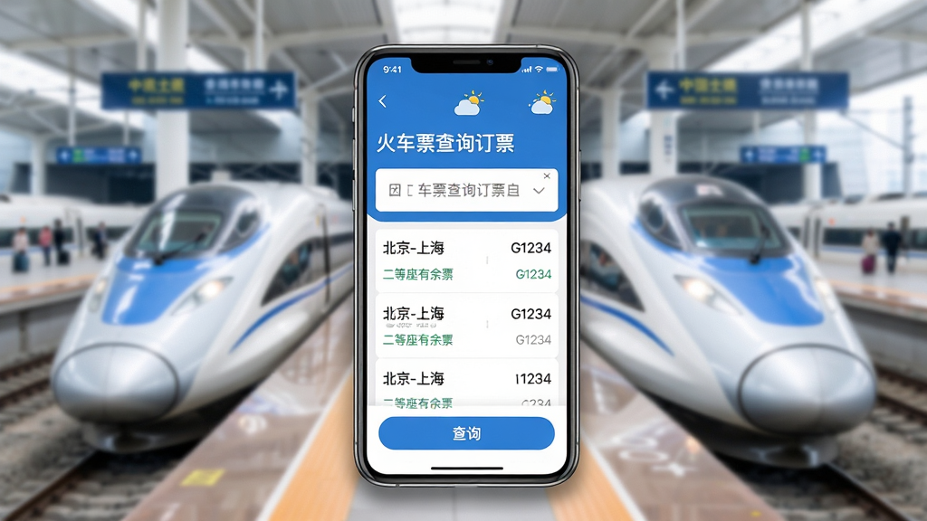 ���壺һ�������ֻ���Ļ��ʾ����Ʊ��ѯ��Ʊ��APP�����棬������ģ�����й�����վ��վ̨��ͣ��һ�а�ɫ��г�Ŷ��������֣��ֻ����У���������չʾ�����б�������ѡ�����Ͳ�ѯ��ť������������Сͼ�ꡣ�Ű棺����UI��ƽ������Ϣ�㼶��������ɫ��ɫ��������ִ��Ƽ��У�����ͨ͸��ϸ�ڣ���Ļ����ʾ������-�Ϻ�������G1234����������������Ʊ�����������ֻ���Ե�������Ӱ�����ʣ�4K���壬�ɾ����޶���Ԫ�ء�