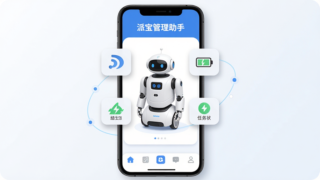 主体为一部智能手机屏幕显示派宝管理助手主界面,界面顶部有“派宝管理助手”字样,中部展示一台白色派宝机器人3D模型,周围环绕信号、电量、任务状态等图标,底部导航栏清晰。布局采用居中构图,界面扁平化设计,配色以蓝白为主,整体风格科技感十足,细节包括圆角卡片和阴影效果,画质高清,干净无多余元素。