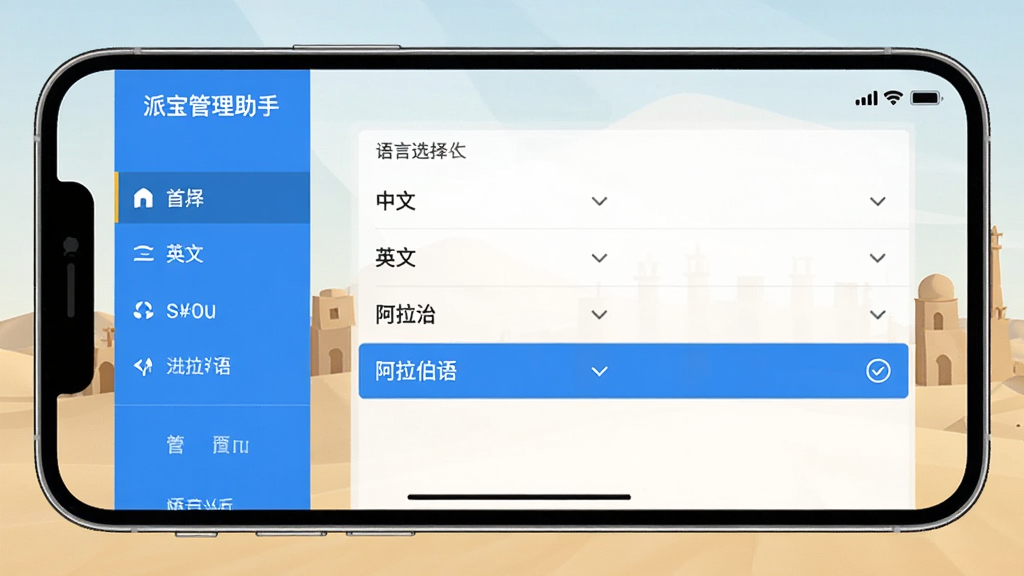 画面主体为一部手机横屏展示派宝管理助手设置页面,页面中显示语言选择列表,包含中文、英文、阿拉伯语选项,当前高亮选中“阿拉伯语”,背景为沙漠风格建筑轮廓。布局采用左右分栏,左侧为菜单,右侧为语言列表,整体风格简洁明亮,细节包括下拉箭头和选中对勾,画质干净无多余元素。