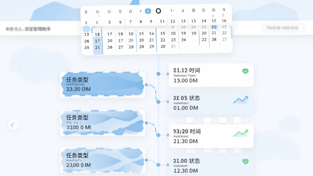 主体为派宝管理助手的时间轴页面,页面上方有日历控件,下方按时间顺序排列任务卡片,每张卡片显示任务类型、时间、状态图标。布局采用竖向时间轴设计,配色以白色和浅蓝色为主,风格扁平化,细节包括状态圆点和连接线,画质干净,无多余元素。