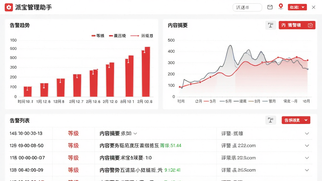 主体为派宝管理助手的告警报表页面,页面以柱状图和折线图展示告警趋势,下方有告警列表,每条告警包含时间、等级、内容摘要。布局采用图表和列表结合,配色以红白为主,风格数据可视化,细节包括图例和筛选按钮,画质干净,无多余元素。