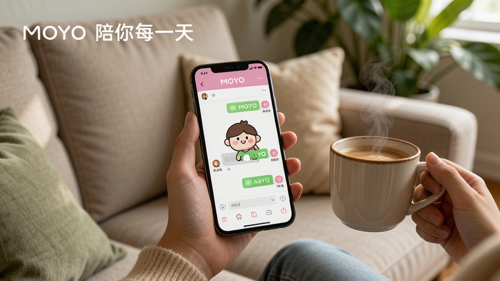 MOYO使用场景图,主体是一只手拿着手机,屏幕显示MOYO的聊天界面,另一只手端着咖啡杯,背景是舒适的沙发和绿植,光线柔和,布局自然,风格生活化摄影,细节包括手机上的卡通形象和咖啡热气,画质高清,无多余元素,配字“MOYO 陪你每一天”。
