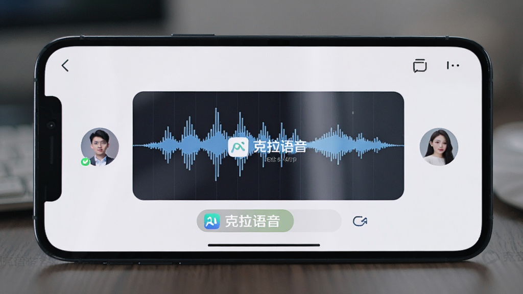 一张智能手机横屏显示克拉语音APP聊天界面的特写,主体是屏幕上的高清语音波形图和两个用户头像,布局以屏幕为中心,周围环境虚化,排版简洁,风格写实,细节包括屏幕反光和“克拉语音”的Logo水印,画质清晰,干净,无多余元素