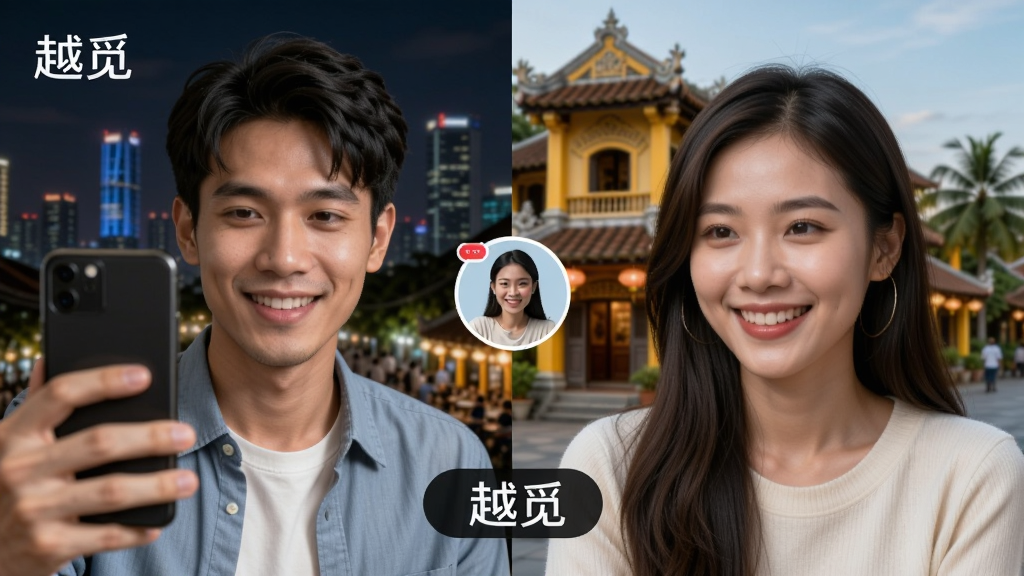 主体:两位年轻男女通过手机视频聊天,脸上带着微笑。布局:画面分为左右两半,左边是男生,右边是女生,中间有视频连接图标。排版:温馨明亮,突出“越觅”品牌名称。风格:写实生活照风格。细节:女生背景是越南特色建筑,男生背景是城市夜景,画质清晰,干净,无多余元素。