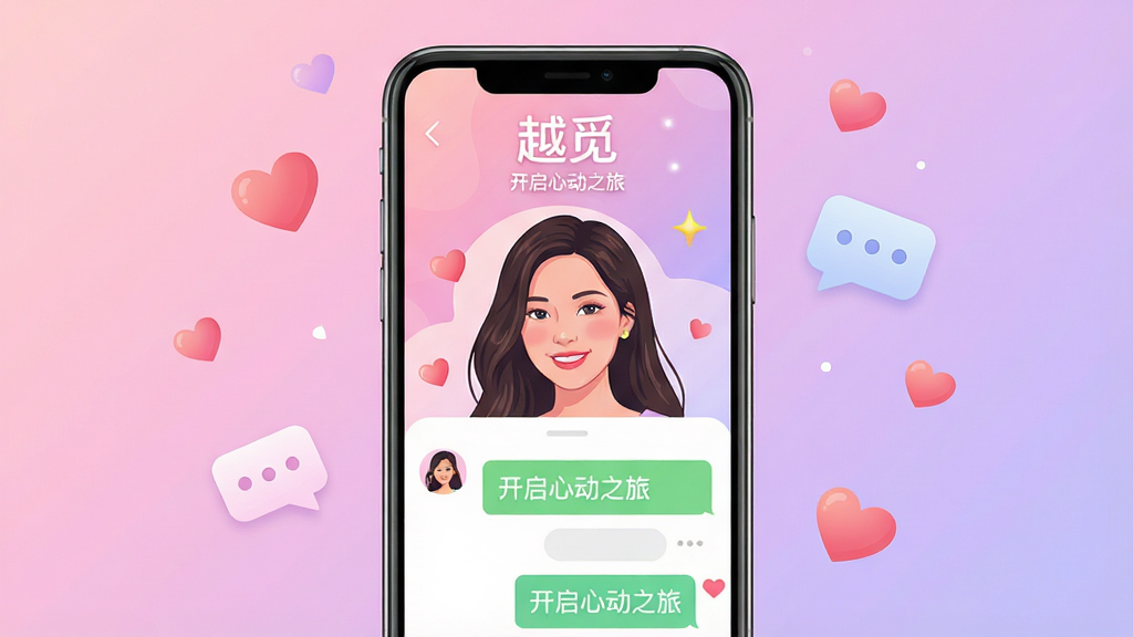 主体:手机屏幕展示越觅应用界面,界面有越南女生头像和聊天窗口。布局:手机居中,背景为柔和的粉紫色渐变,周围有爱心和聊天气泡图标漂浮。排版:简洁现代,突出应用名称“越觅”。风格:清新浪漫,插画风格。细节:界面显示“越觅”字样和“开启心动之旅”文字,画质高清,干净,无多余元素。
