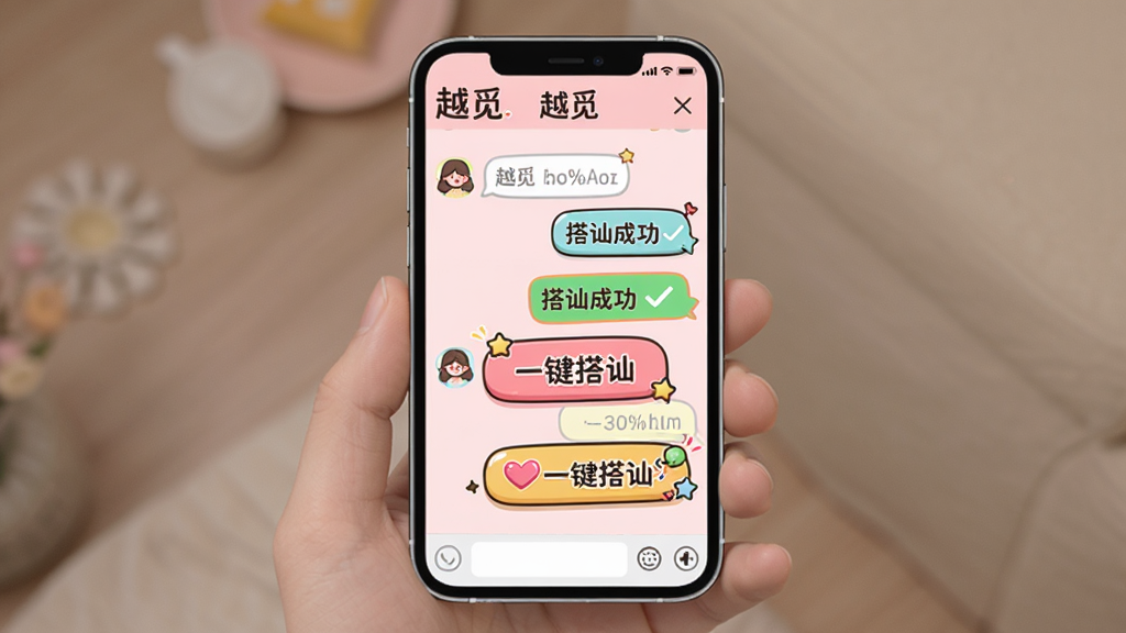 主体:手机界面展示越觅的聊天窗口,有“一键搭讪”按钮。布局:聊天背景为浅粉色,消息气泡错落有致。排版:活泼明快,按钮醒目。风格:可爱卡通风格。细节:界面显示“越觅”和“搭讪成功”字样,画质干净,无多余元素。