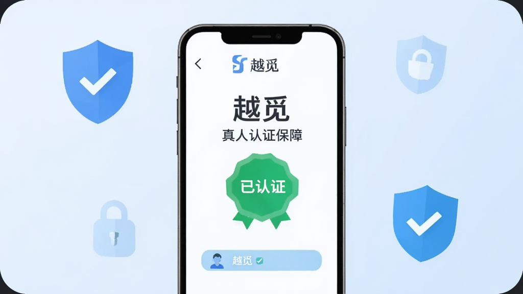 主体:手机屏幕展示越觅的真人认证页面,有“已认证”的绿色徽章。布局:手机居中,背景为淡蓝色,周围有盾牌和勾的图标。排版:简洁清晰,突出安全认证信息。风格:科技感扁平化风格。细节:界面显示“越觅”和“真人认证保障”字样,画质干净,无多余元素。