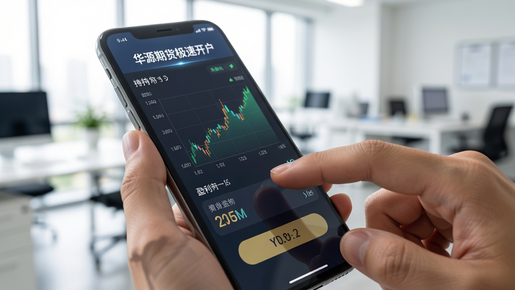 主体为“华源期货极速开户”手机使用场景,用户手指点击屏幕下单,手机屏幕显示持仓和盈利图表,背景为明亮的办公室环境,布局采用近景特写,排版自然,风格写实,细节包括手指阴影和屏幕反光,画质清晰,无多余元素