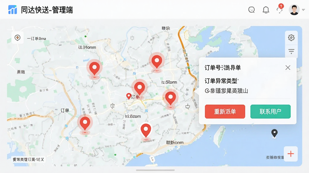 图片展示“同达快送-管理端”APP的异常订单处理界面。中央是一张放大的电子地图,上面用红色标记异常订单位置,旁边弹出详情卡片,显示订单号、异常类型及“重新派单”“联系用户”等按钮。整体界面UI设计专业,信息层级分明,色彩提示醒目,画质高清,符合移动端管理软件风格,干净无多余元素。