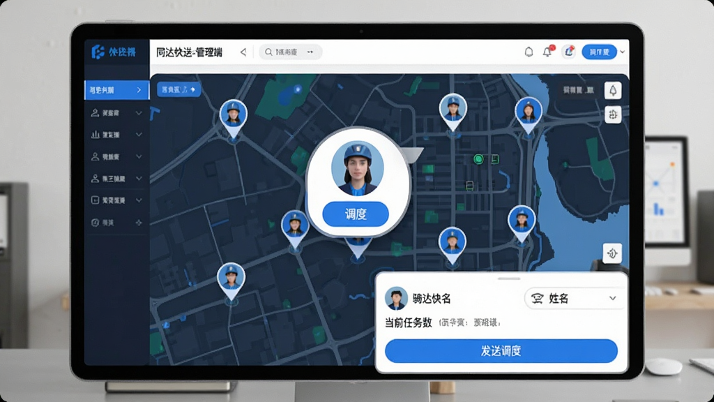 图片展示“同达快送-管理端”的骑手调度功能。屏幕显示地图上分布着多个骑手定位点,其中一名骑手头像被放大并带有“调度”按钮,底部弹出调度操作面板,显示骑手姓名、当前任务数及“发送调度”按钮。整体画面生动直观,UI交互感强,画质清晰,干净无多余元素。