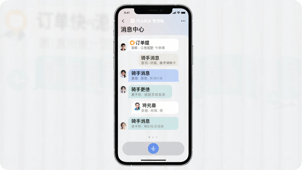 图片展示“同达快送-管理端”的消息通知界面。屏幕上有多个对话气泡,包含订单提醒、骑手消息等,顶部有“消息中心”标题,底部有语音输入按钮。整体UI设计现代,色彩柔和,画质清晰,干净无多余元素。