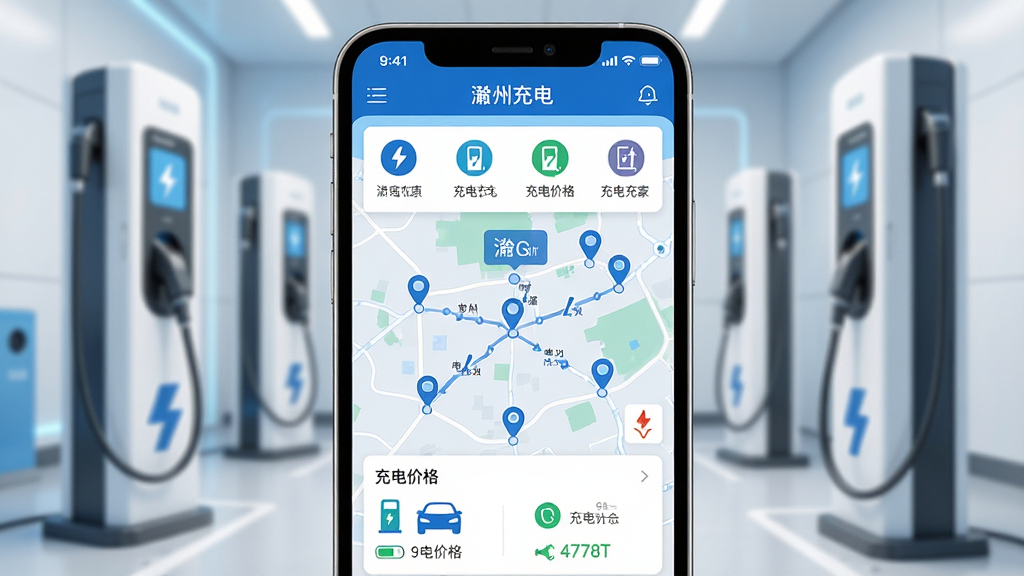 主体:手机屏幕展示“滁州充电”APP主界面,界面清晰显示充电站分布地图和车辆充电状态。布局:手机居中,屏幕内容放大展示,背景为简洁的电动汽车充电场景。排版:界面图标排列整齐,色彩以蓝色和白色为主,突出“滁州充电”品牌标识。风格:现代科技感,扁平化设计,UI清晰直观。细节:地图上标注多个充电站位置,电量信息、充电价格等数据可见。画质:高清渲染,干净,无多余元素。