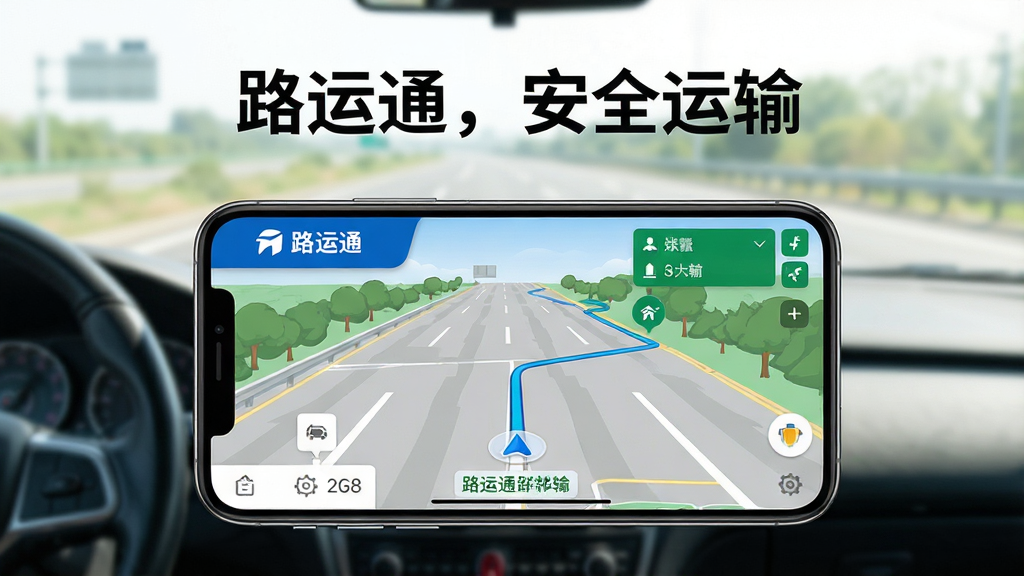 主体:一部手机横屏显示路运通APP的导航界面,前方是高速公路。布局:手机位于画面中央,屏幕上有地图和路线指示,背景是模糊的驾驶室。排版:手机突出,背景虚化,配以“路运通,安全运输”的标语。风格:写实摄影风格,光线明亮。细节:手机屏幕上清晰显示“路运通”和导航箭头,画质高清,干净,无多余元素