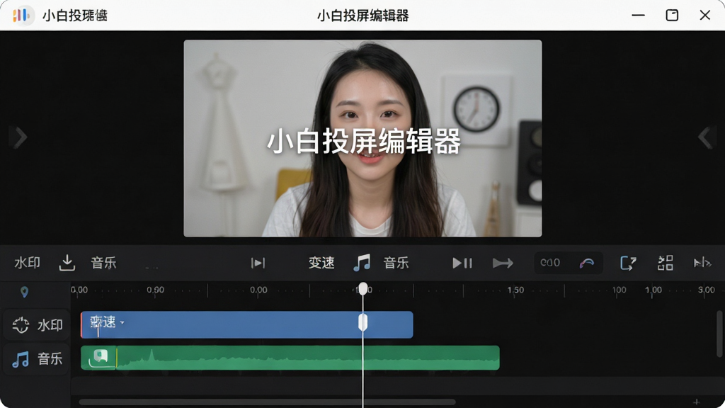 主体:小白投屏的视频编辑界面,时间线剪辑操作。布局:上方为视频预览窗口,下方为时间轴和工具条。排版:专业但不复杂,功能按钮一目了然。风格:清爽简洁,编辑功能突出。细节:预览窗口标注
