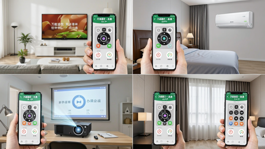 һ��չʾ����ң��һ��ͨAPP�ڲ�ͬ����ʹ�õ�ƴͼ���ֱ���ʾ�ڿ������Ƶ��ӡ������ҿ��ƿյ����ڰ칫�ҿ���ͶӰ�ǡ��ھƵ���ƴ����Ļ��棬ÿ���������ֻ���Ļ�϶�������ʾ����ң��һ��ͨ�Ľ��棬����ɫ�����������ʸɾ��޶���Ԫ��