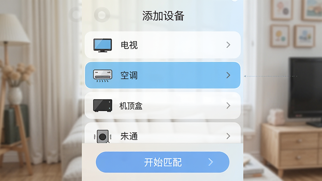 һ��չʾ����ң��һ��ͨAPP�豸ƥ�����Ľ�ͼ�������Ϸ���ʾ�������豸�����⣬�м����б���ʽչʾ���ӡ��յ��������е��豸���ÿ��������ж�ӦСͼ�꣬ѡ��״̬������ʾ���ײ��С���ʼƥ�䡱��ť������ɫ����ͣ����������ɾ�
