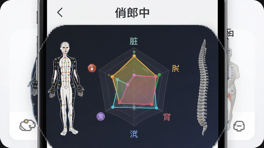 俏郎中APP内健康评估报告截图展示,屏幕上显示色彩鲜明的五脏六腑功能评分表,以雷达图形式呈现,周围有经络示意图和脊椎模型图标,背景为手机界面的放大预览,附带“俏郎中”字样,布局规整,UI设计现代感强,风格简约,画质干净,无多余元素