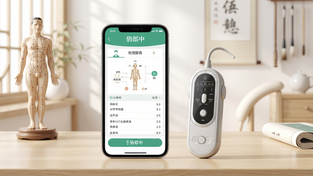 一张展示俏郎中APP界面与智能检测设备配合使用的场景图,画面中央是一部智能手机,屏幕上显示着“俏郎中”APP的检测报告页面,手机旁边放置着精致的智能脉诊仪传感器,背景为简洁明亮的中医风格诊室,木质桌面,摆放有经络模型,整体色调淡雅,布局清晰,突出科技与传统中医的结合,高清渲染,画质干净,无多余元素